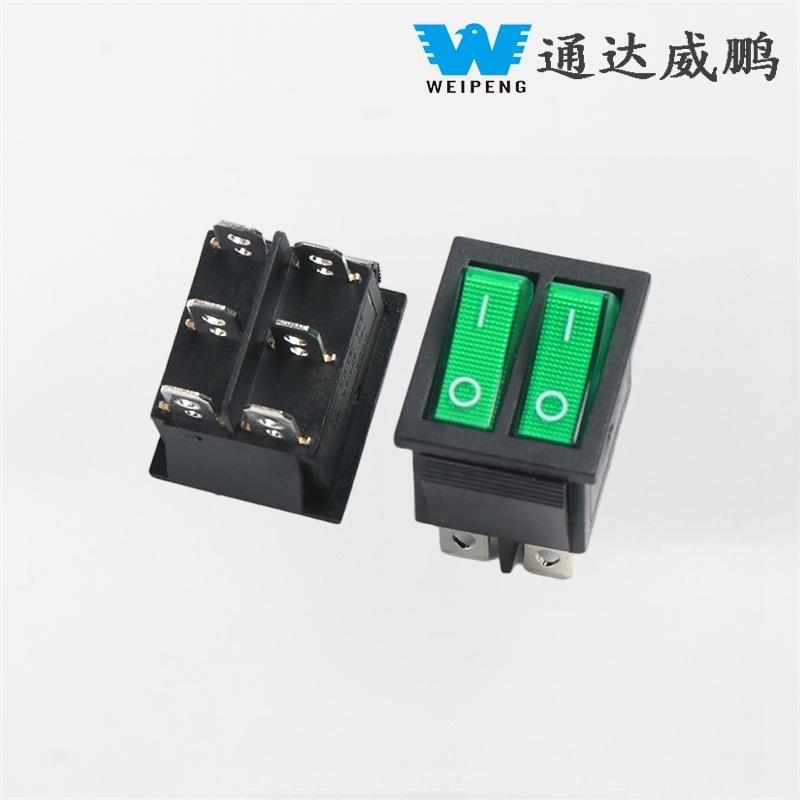 KCD4 ডাবল রকার বোট সুইচ DPDT 2 অবস্থান 6 পিন সবুজ আলো সহ